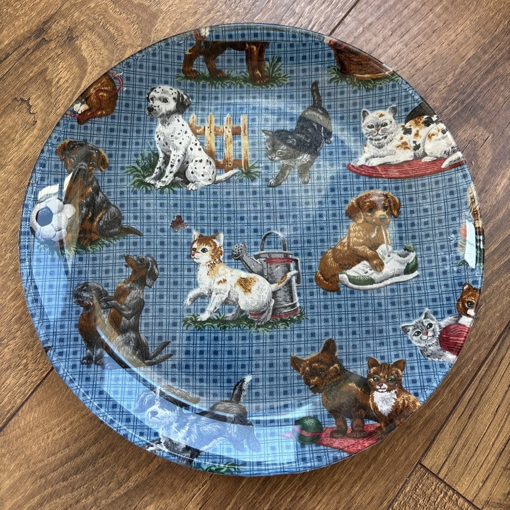 Vintage Decorative Plate Cranston Village VIP Fabric On Glass Puppies Kittens